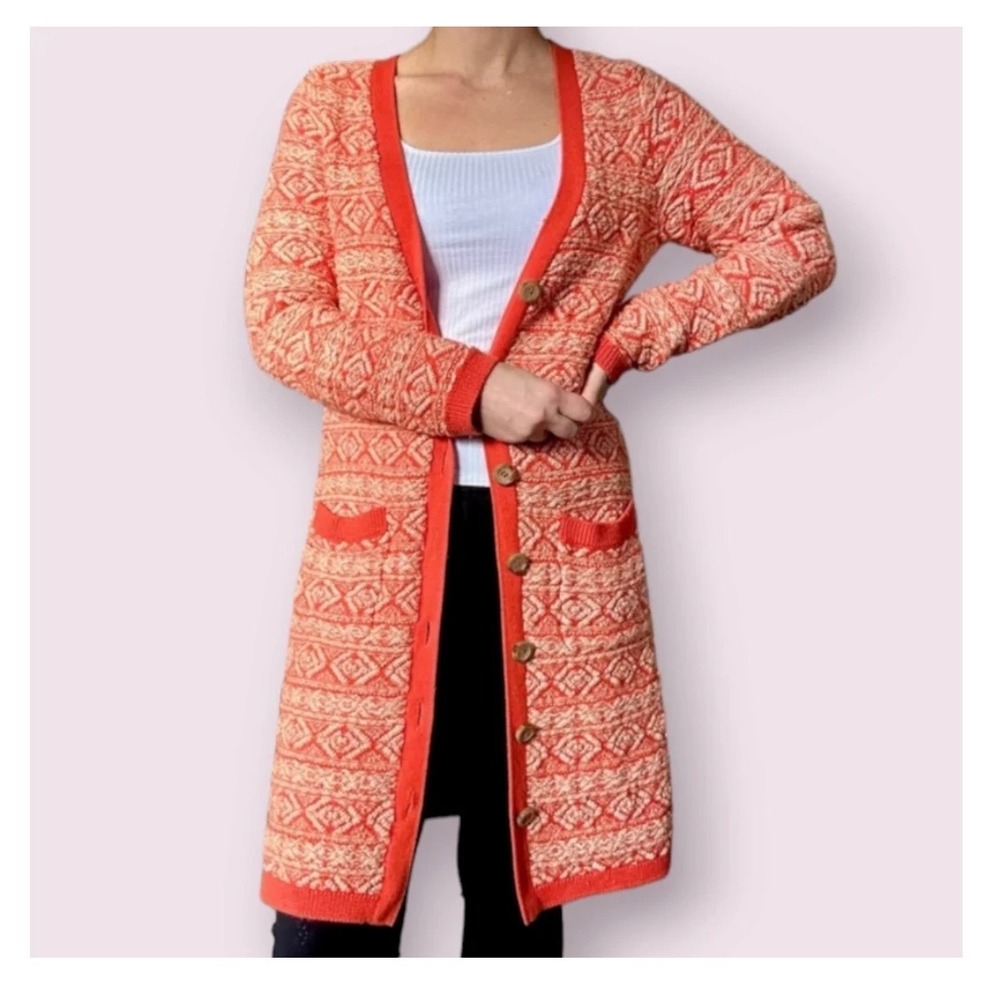 Moth Anthropologie Geometric Knit Longline Duster Cardigan Orange Peach M
